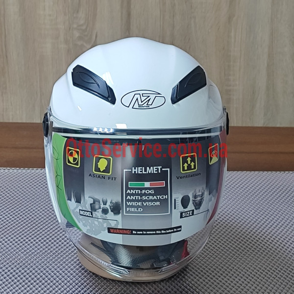 Мотошолом Mototech MT-606 відкритого типу білий з прозорим склом та вбудованими окулярами.
