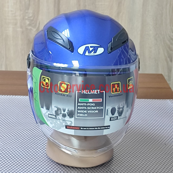 Мотошолом Mototech MT-606 відкритого типу, синій, з прозорим склом та вбудованими окулярами.
