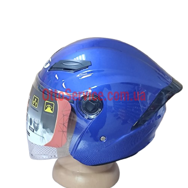Мотошолом Mototech MT-606 відкритого типу, синій, з прозорим склом та вбудованими окулярами.